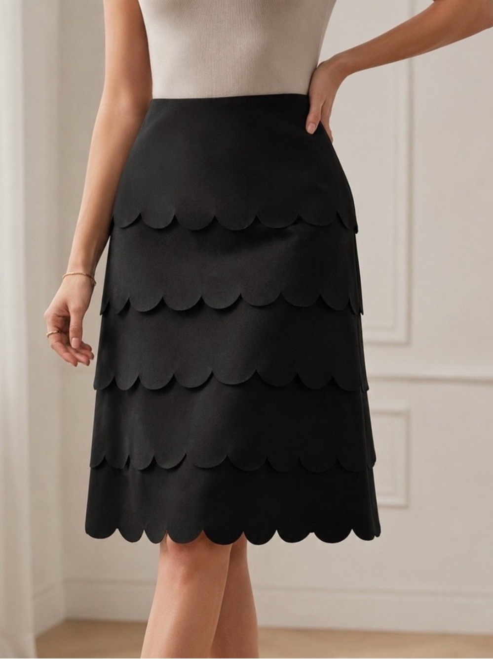 Maeve Anthropologie Black Scalloped Tier Pencil Skirt